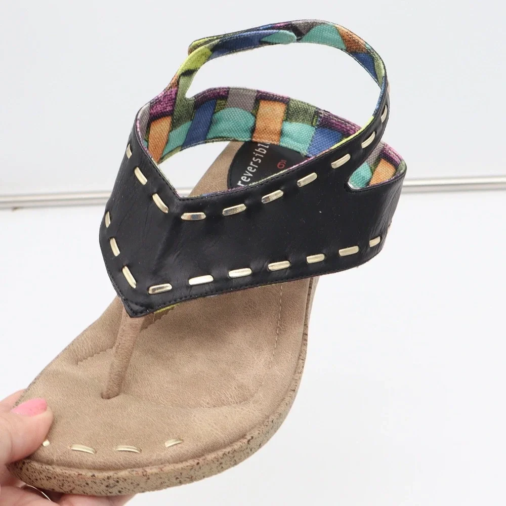 Modzori Sandals Womens 9 Reversible Thong Wedge Multicolor Black Woven Excellent